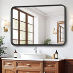 Bathroom Mirror for Wall, 30x22 Inch Rounded Rectangle Mirror, Black Metal Framed Bathroom Vanity Mirror for Restroom Farmhouse, Anti-Rust, Tempered Glass, Horizontally or Vertically Hanging