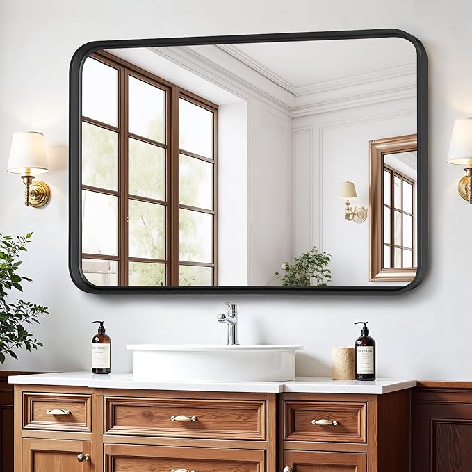 Bathroom Mirror for Wall, 30x22 Inch Rounded Rectangle Mirror, Black Metal Framed Bathroom Vanity Mirror for Restroom Farmhouse, Anti-Rust, Tempered Glass, Horizontally or Vertically Hanging