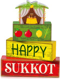 Yuntau 4 Pcs Happy Sukkot Table Decorations Sukkot Centerpieces for Tables Wooden Tabletop Party Decorations Rustic Block Sign for Tiered Tray Shelf Office Jewish Holiday Celebration Supplies