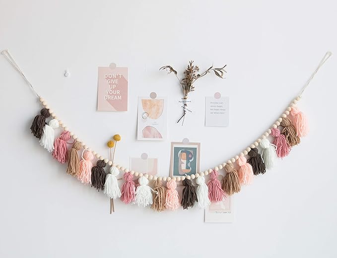 Tassel Garland - Boho Tassel Garland with Wood Beads - Wall Decor for Dorm, Girls Room and Nursery Room (50 inch)