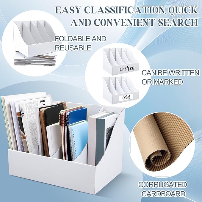 6 Pack Cardboard Magazine File Holders 24 Grids Vertical Book Bins 10.6'' x 10.2'' x 14'' Magazine Document Storage Box for Desk Shelves Home Office Classroom Library Use (White)
