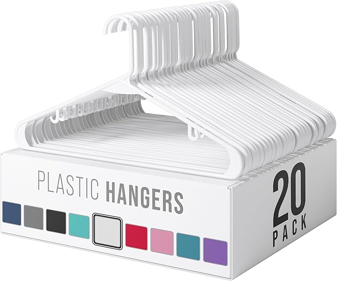Plastic Hangers 20 Pack White - Clothes Hangers - Makes The Perfect Coat Hanger and General Space Saving Clothes Hangers for Closet - Percheros Ganchos para Colgar Ropa Hangars