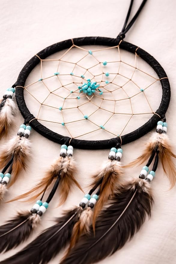 OMA Black Dream Catcher – Large Black Suede Dream Catcher with Turquoise Stones and Feathers, Traditional Dreamcatcher for Bedroom, Living Room, Dorms & Gift, Size - 28” x 9”