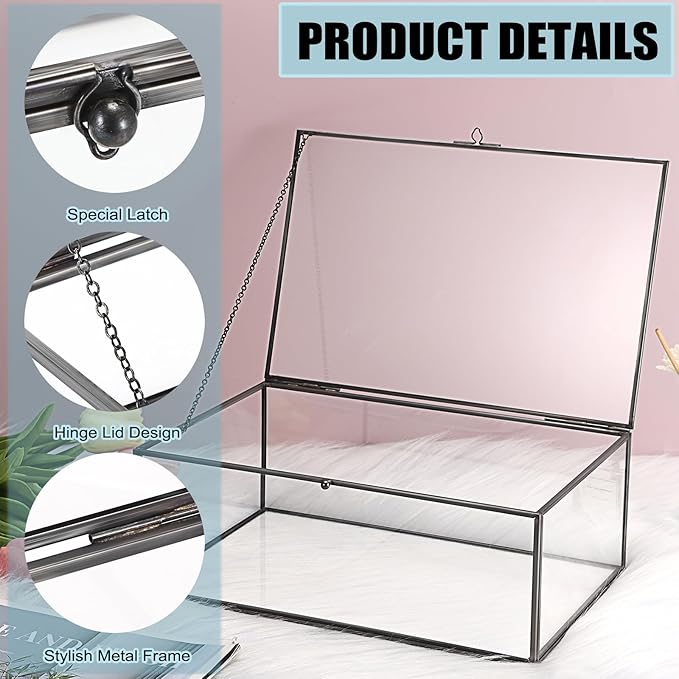 Hipiwe Vintage Glass Box with Lid - Rectangle Jewelry Display Organizer Box Black Vanity Lidded Box Home Decor Accent Decorative Box for Keepsakes Trinket Rings,X-Large