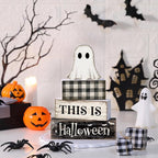Lineshading 4 Pcs Ghost Halloween Decor Black and White Halloween Tiered Tray Decor Ghost Table Centerpiece Decorations Rustic Wooden Block Sign Gift for Home Shelf Kitchen Coffee Bar
