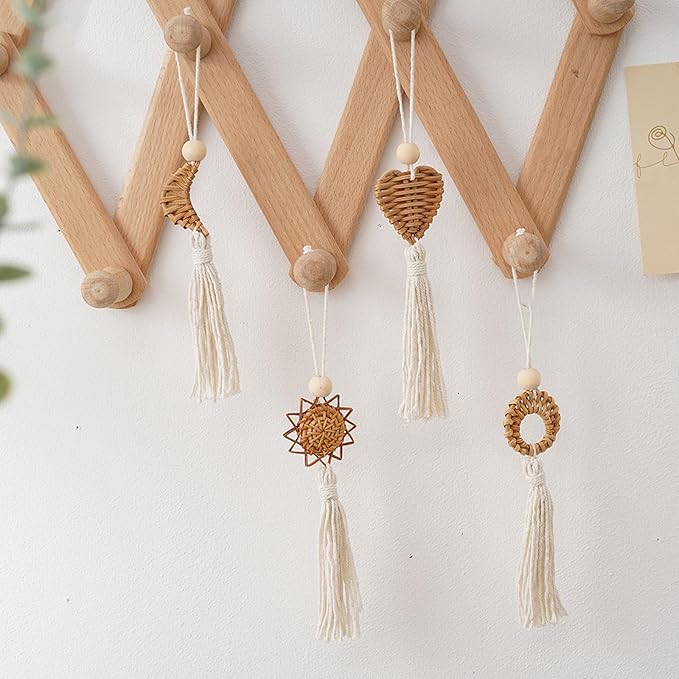 Set of 4 Handwoven Wall Hanging Natural Fiber Pendants Decors with Cotton Tassels for Living Room Aesthetic Ornaments Cotton Rope Tassels Hanging Charm