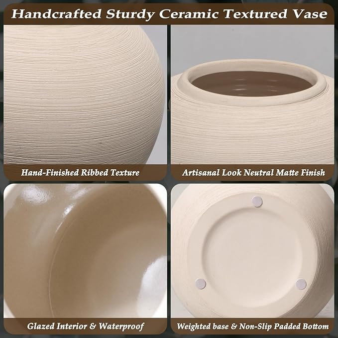 Tall Ceramic Vase 12 Inch Neutral Textured Vase,Cream Ceramic Vase for Home Decor,Farmhouse Tall Ceramic Flower Vase for Dining Table,Living Room,Kitchen,Bedroom,Entryway