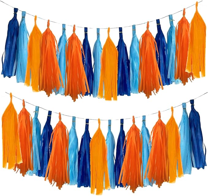 Blue and Orange Tassel Garland,Tissue Tassel Banner for Party Decorations,Navy Blue,Sky Blue,Orange,Light Orange,Pack of 20