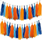 Blue and Orange Tassel Garland,Tissue Tassel Banner for Party Decorations,Navy Blue,Sky Blue,Orange,Light Orange,Pack of 20