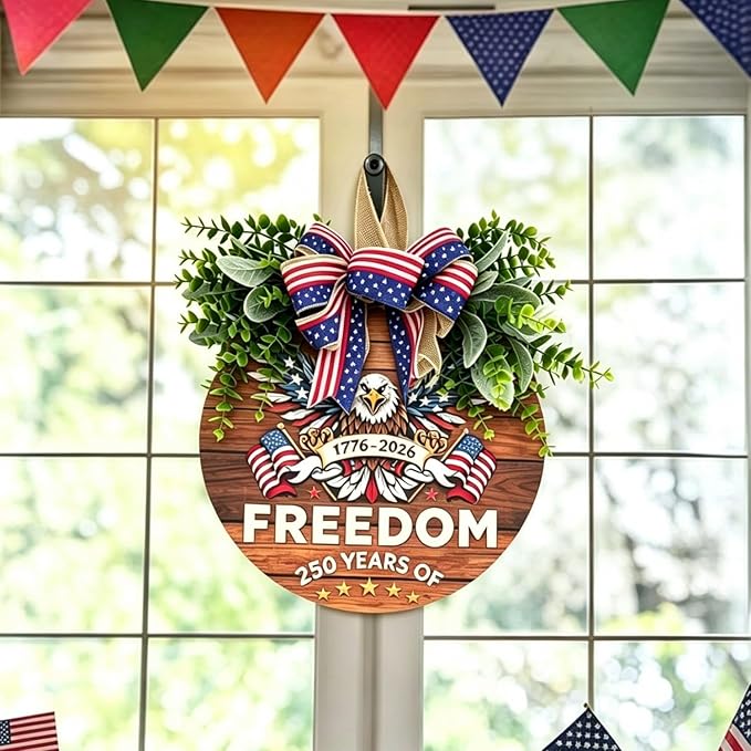 250th Anniversary Patriotic Wreath for Front Door, 250 Years of Freedom Wooden Door Sign, 4th of July Decorations Outdoor & Memorial Day Decor for Home (Color-Freedom2)