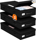 Under Bed Storage Containers with Lids - 3 Pack, Foldable and Stackable Clothes Storage Bags with Clear Window, 3-Sided Handles and Label Slot for Clothing, Blankets, Pillows (Black)