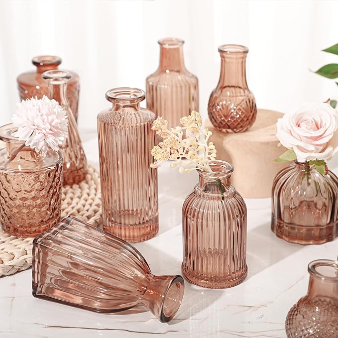 Glass Bud Vase Set of 32 Pcs, Small Glass Vases for Flowers, Amber Bud Vases in Bulk, Vintage Vases for Wedding Centerpieces, Wedding Decorations, Home Table Flower Decor