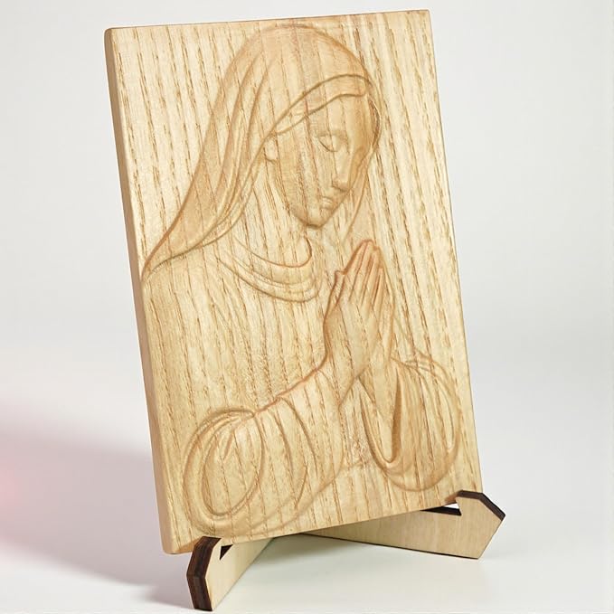 KATINAT Virgin Mary Wooden Plaque with Stand & Gift Box – Solid Wood Relief, Wall or Desk Catholic Home Altar & Prayer Corner Décor, Christian Christmas/Baptism/First Communion/Confirmation Gift