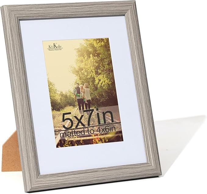 KTKDE 5x7 Picture Frame, Photo Frame Grey with Real Glass for Picture 4x6 photo with Mat or 5x7 photo without Mat, Composite Wood Picture Frames for Table Top and Wall best gift