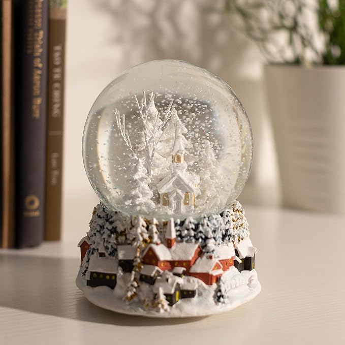Ashfield & Harkness Winterland Church Decorative Snow Globe with Wind Up Music Box and LED Battery Operated Light