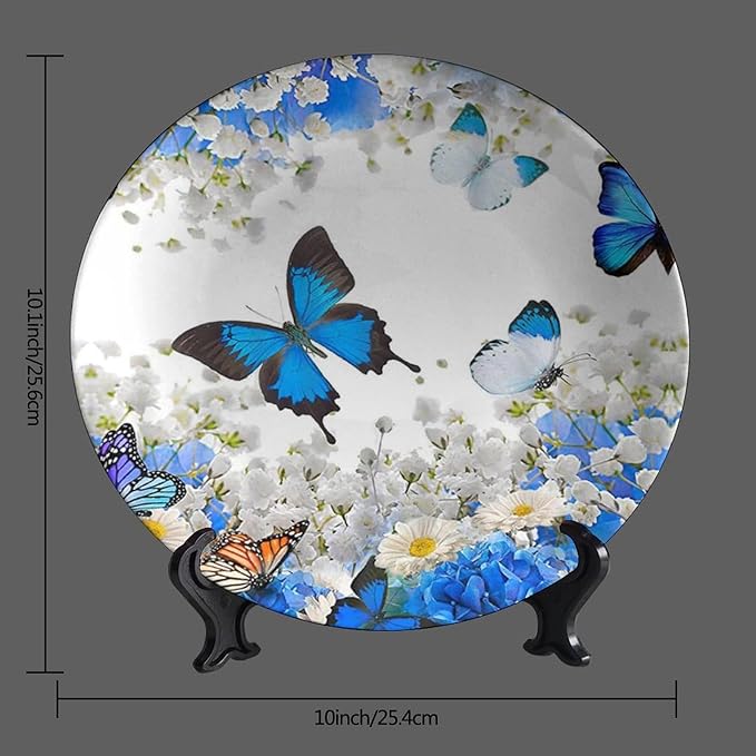 Decorative Plate Stand, 10 Inch, Flower Butterfly Round Display Plate, Table Top Plate Decor with Stand, for Kitchen Living Room Office Countertop Decor