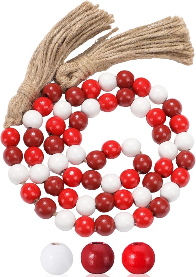 Equsion Seasonal Wooden Bead Garland with Tassels, 3.3 ft Holiday Vintage Boho Bead Garland Easter Tray Decoration, Vase Wall Room Art Birthday Party Decoration(Burgundy, Red, White)