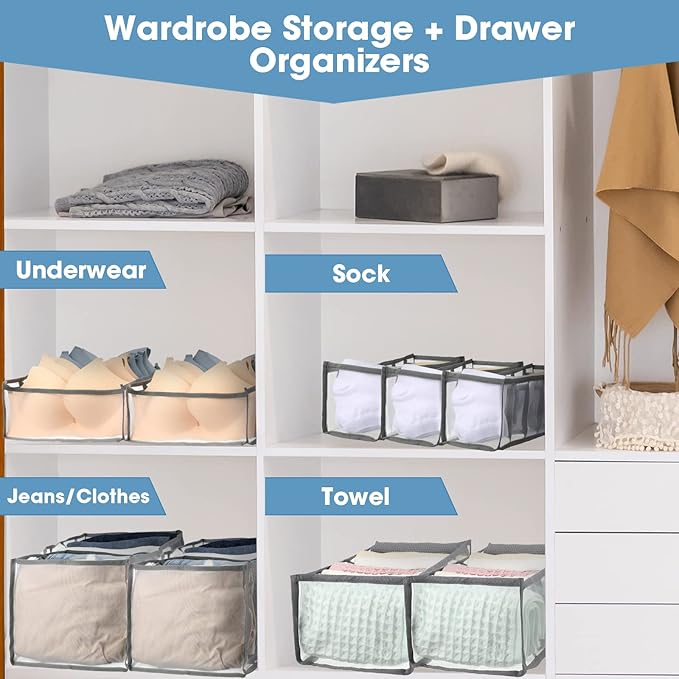 14 Pcs 6 Different Sizes Upgraded Wardrobe Clothes Organizer Jeans Organizer for Closet Foldable Pants Storage with Compartments Divided Sweater Boxes for Closet Shirts Underwear Socks Bra Bins, Gray
