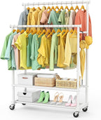 Double Rods Clothes Rack for Hanging Clothes, Heavy Duty Rolling Clothing Rack with Wheels, Freestanding Garment Racks with Oxford Bottom Shelf and Mesh Bottom Shelf for Bedroom Laundry Living Room