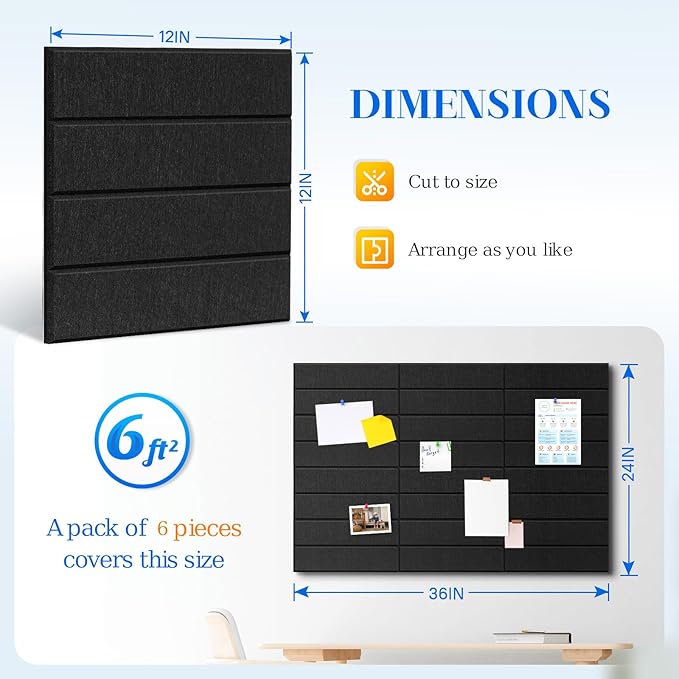 DOLLAR BOSS Felt Cork Board Tiles, 6 Packs 12" x 12" 1/2" Thick Bulletin Board Adhesive Acoustic Panels Soundproof Corkboards for Walls with 60 Pushpins for Home Office Kitchen School, Black Stripe