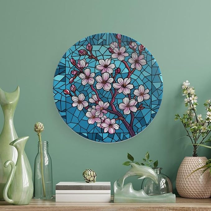 Stained Glass Theme Decorative Ceramic Plate Round Porcelain Plate,8 inch,Cherry Tree Pattern,for Decorative Ornaments Giving Plates, 1 Plate with 1 Display Stand,Blue Pink