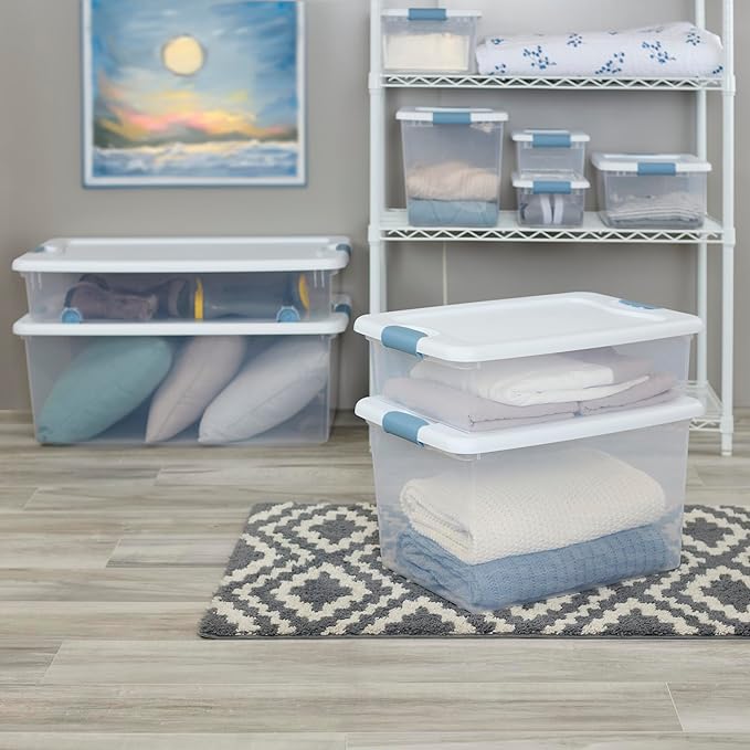 Sterilite 12-Pack Latching Box, Under Bed Storage Bins with Lids, Clear Plastic, 32 Quart - Heavy-Duty Organizing Containers for Closet, Bathroom, and Office