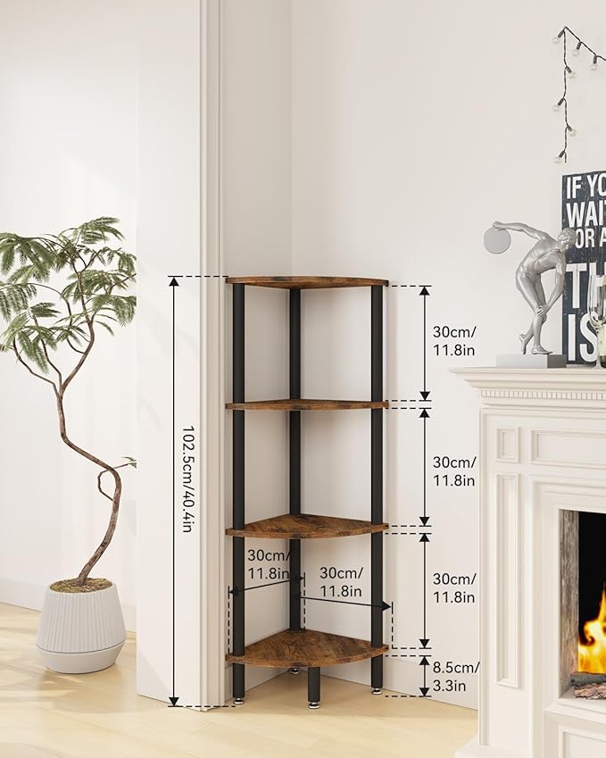 IBUYKE 4 Tier Corner Shelf Stand,Industrial Corner Display Rack,Corner Bookshelf for Living Room, Bedroom, Kitchen, Home Office, Brown WBC014H