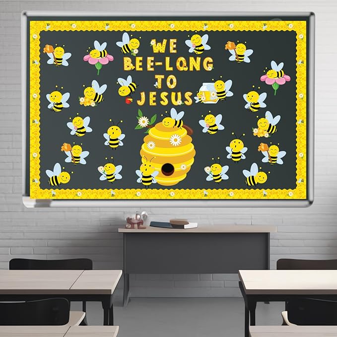 HIQINLUG Bee Bulletin Board Decorations Set, Summer Bee Jesus Religious Bulletin Board Decorations Christian Cutout for Classroom Back to School Library Home Window Wall Birthday Decor
