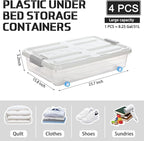 4 Pcs Plastic Under Bed Storage Containers with Lid Wheel Handle, Transparent Large Capacity Stackable Latching Storage Bins for Closet Bedroom Clothes Shoes Blanket(23.7 x 15.8 x 5.2,White)