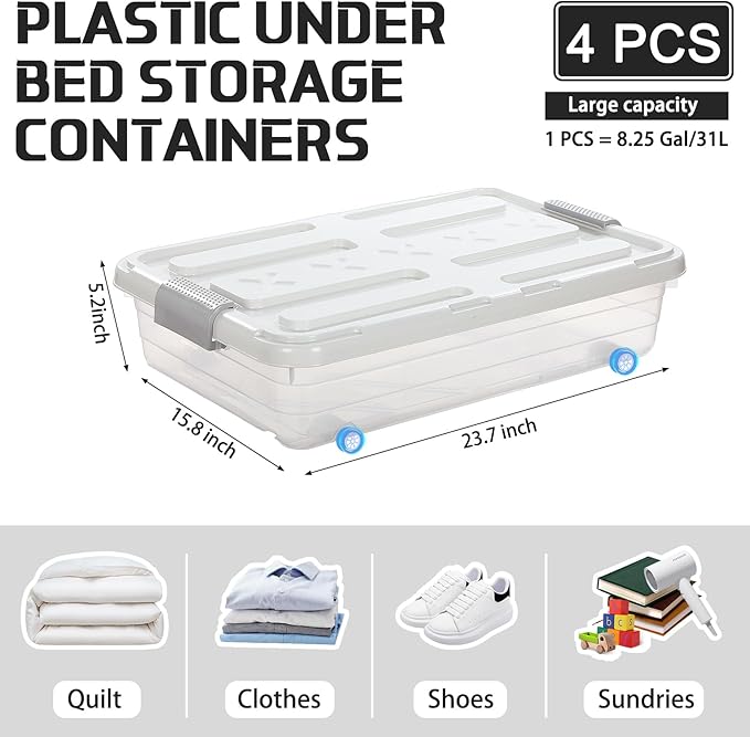 4 Pcs Plastic Under Bed Storage Containers with Lid Wheel Handle, Transparent Large Capacity Stackable Latching Storage Bins for Closet Bedroom Clothes Shoes Blanket(23.7 x 15.8 x 5.2,White)