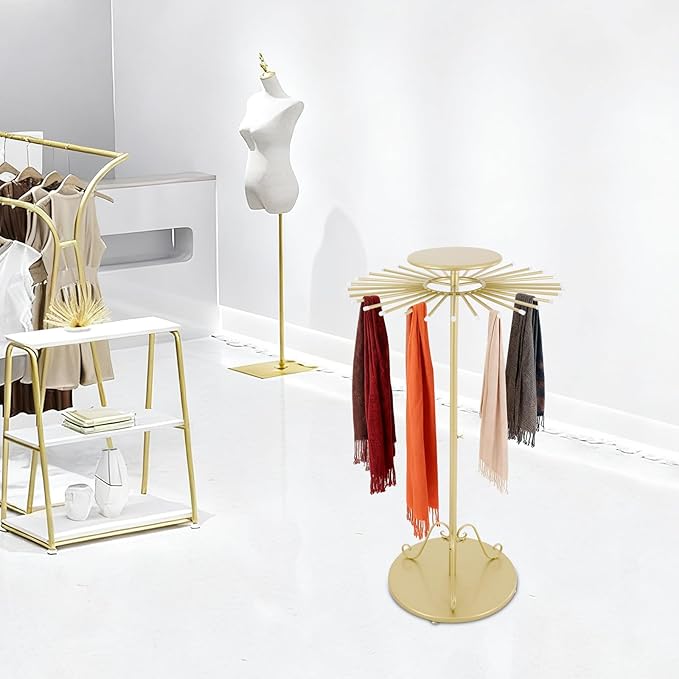 Scarf Display Stand, Commercial Hijab Organizer with 30 Rods, 360°Rotation Scarf Holder Display Rack Organizer for Boutique Retail Store, Apartment, Home Use (Gold, 27.6'')