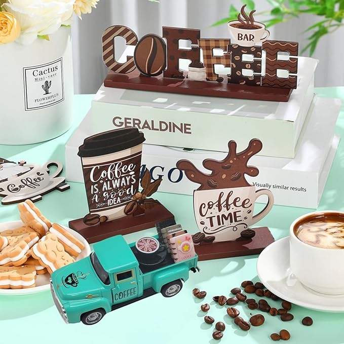 Coffee Bar Decor Vintage Mini Metal Truck Decor with Book Accessories for Coffee Station, Farmhouse Tiered Tray Tabletop Decorations for Home Kitchen, Office, Cafe