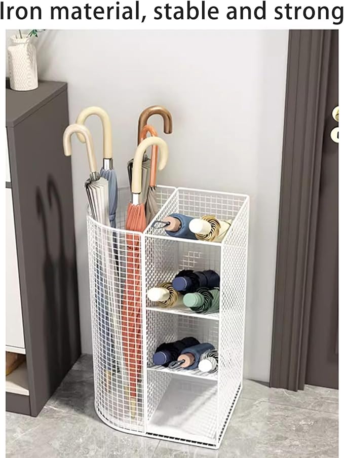 Commercial Metal Umbrella Holder Indoor Large-Capacity Umbrella Storage Shelf Umbrella Basket with Removable Drip Tray for Entryway Metal Entrance Umbrellas Organizer(White)