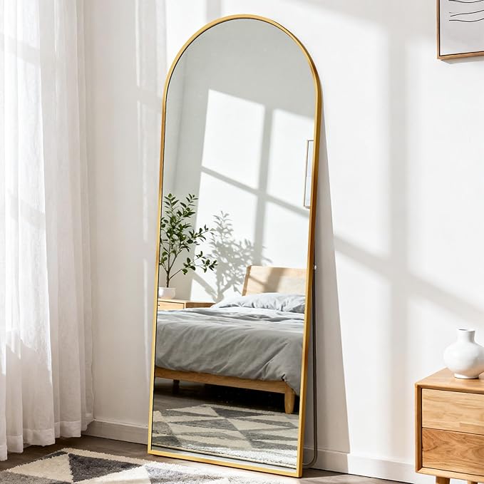 DUMOS 56"x15" Arched Full Length Floor Mirror, Full Body Mirror with Stand, Shatterproof Tempered Glass, Modern Aluminum Alloy Frame, Free Standing or Leaning for Home Decor, Gold