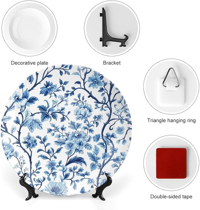 Blue Ceramic Decorative Plate, Pattern Decorative Dish with Stand, Creative Arts Bone China Decorative Plates Art Porcelain Plate for Living Room Hallway Table Decor