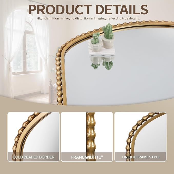 36x28 Inch Wide Arched Wall Mirror with Bold Antique Gold Beaded Frame, Decorative Mantel Mirror for Fireplace or Entryway, Horizontal Hanging Statement Mirror for Living Room Wall Decor