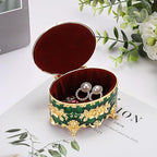 Hipiwe Vintage Jewelry Box Oval Trinket Display Case with Rose Pattern Decorative Green Treasure Box Ring Holder for Women