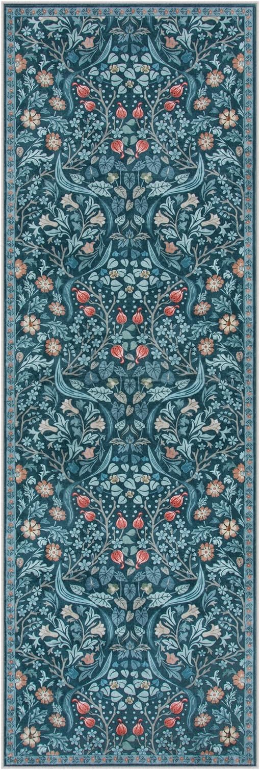Moynesa Floral Kitchen Runner Rug 2x6, Washable Boho Runners for Hallways Non Slip Soft Bathroom Carpet Runner, Botanical Ultra Thin Throw Mat for Laundry Room Entryway, Teal