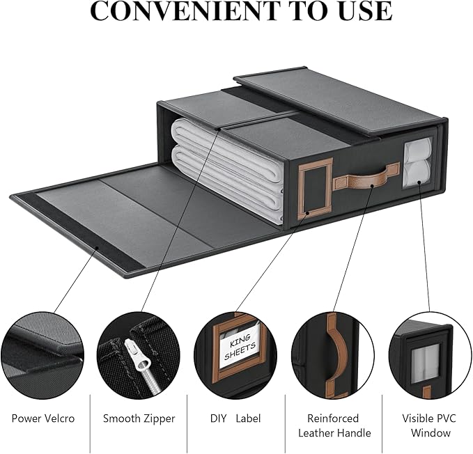 8 Pack Foldable Bed Sheets Set Organizers and Storage(King & Queen Size),Linen Fabric Closet Organizers with Window,Folding Bedding Storage Box for Bedsheets and Pillow Cube Organizer-Black