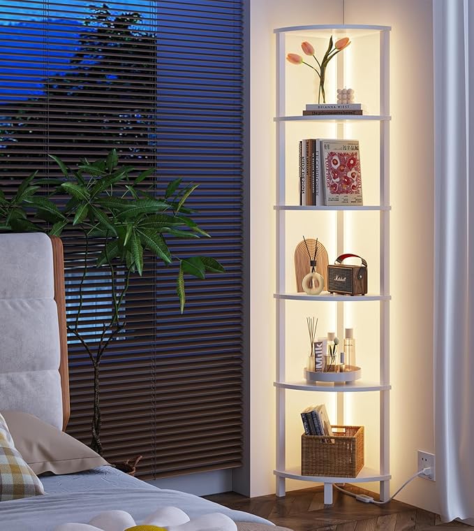 VIMBER Corners Shelf with LED Light, 6-Tier Corner Bookshelf, Industrial Corner-Ladder Shelf, Modern Display Shelf for Living Room, Bedroom, Kitchen, Home Office, Sturdy Frame, White UJSJ002W