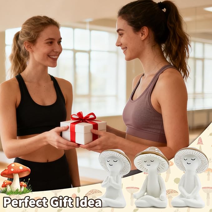 Meditation Mushroom Resin Statues – Cute Yoga Mushroom Figurines for Desk, Home, Office & Garden Decor – Zen Resin Sculptures for Living Room, Patio, Tabletop & Backyard (3 Pack, Mushroom)