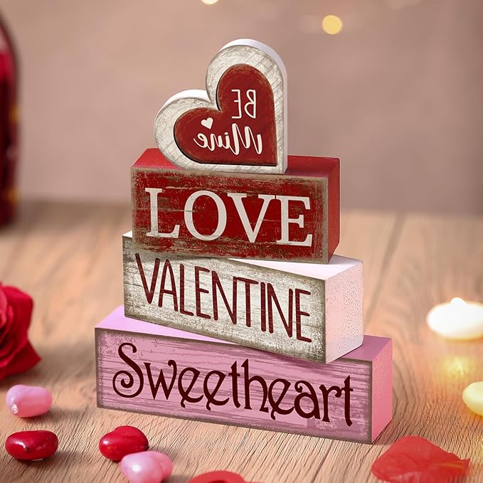Lineshading 4 Pcs Valentine Table Decoration Wooden Be Mine Heart Decor Valentine Day Tiered Tray Decor Valentine's Day Centerpiece Red Pink White Heart Block Signs Gift for Farmhouse Home Kitchen