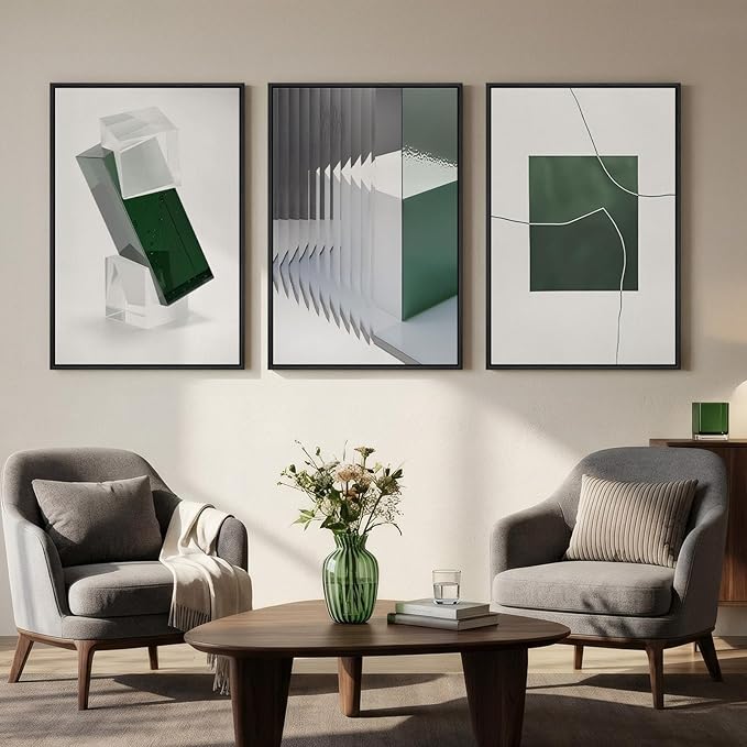 Large Framed Green and White Abstract Wall Art for Living Room, 3 Piece Modern Canvas Prints Paintings Artwork for Walls, Minimalist Geometric Pictures for Hallway Dining Bedroom Wall Decor 24x36 In