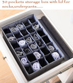 MURRI&MURRDI 2 Packs Sock and Underwear Storage Closet Organizer with Lids, 30 Cells Foldable Drawer Divider, Linen Cotton Storage Box Bin for Lingerie, Ties, Scarves, Grey