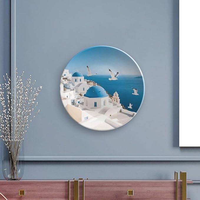 Santorini Greek Island Ceramic Display Plate Decorative Round Hanging Bone China Plate with Display Stand for Kitchen Dining Room Wine Cabinet Home Décor Art Decoration 7inch