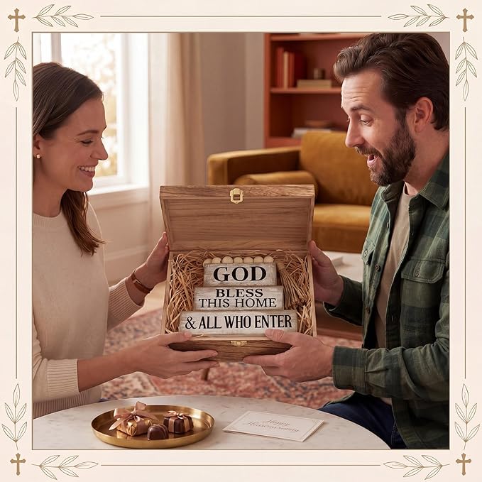Moucuny 4 Pcs Christian Table Decor Rustic Wooden Block Sign Set with God Bless This Home & All Who Enter Farmhouse Stacked Decor with Beaded Garland Tassel Christian Home Decors for Office, Shelf