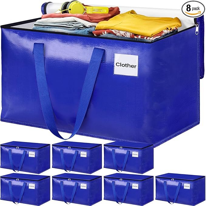 Moving Bags, Storage Bags with Sturdy Handles and Heavy Duty Zippers, Storage Totes for Space Saving, Moving & Storage, Collapsible Moving Supplies(100L, 8-Pack, Blue)