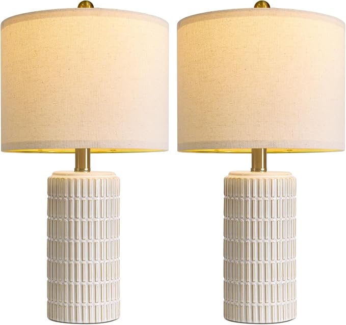 PoKat 20" Small Modern Ceramic Table Lamps Set of 2 for Bedroom, White Bedside Lamps for Night Stands, Farmhouse Decor Nightstand Table Lamps for Living Room End Table Beige
