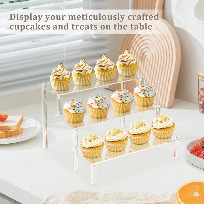 AZEAM Acrylic Riser,Clear Display Risers Stand Perfume Organizer Cologne Acrylic Shelves 3 Tiered Cupcake Shelf for Amiibo Funko POP Figures Food Desserts Holder Collection Cosmetic Vendor Product
