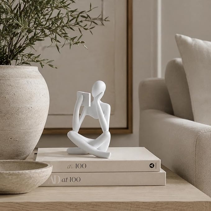 White Bookshelf Decor Thinker Statue, Abstract Reading Figurine Style B, Resin Decorative Bookend for Coffee Table, Shelf, Home Office, Library